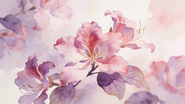 Elegant Purple Bauhinia Watercolor Painting with Soft Pastel Gradients ,Ethereal Watercolor Bauhinia Illustration with Airy Pink Backdrop ,Detailed Watercolor Study of Blooming Bauhinia Orchid Tree Fl