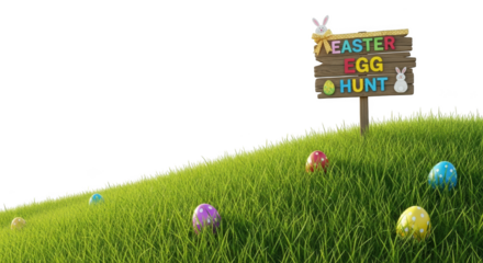 Easter Egg Hunt Sign on Grassy Hill with Colorful Eggs