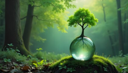 Sustainable Environmental Development concept, small tree on Crystal globe glass in green forest to protect nature. Eco-friendly esg conservation care. Earth clean and ecology,