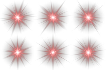 Collection of red lens flares, light sources, and star bursts with transparent backgrounds for visual effects design elements. Png red shine twinkle sparkle magic glow star beam effect. Bright flash.