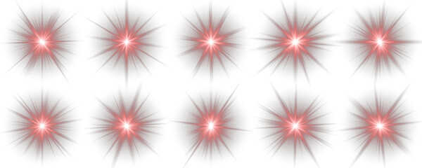 Png red shine twinkle sparkle magic glow star beam effect. Collection of red lens flares, light sources, and star bursts with transparent backgrounds for visual effects design elements. Bright flash.