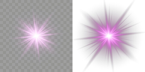 Soft violet light spreads across a dark backdrop, creating sparkling star-like effects with subtle lens flares and radiant magical glow. Inspiring creativity and evoking awe in artistic projects. PNG.