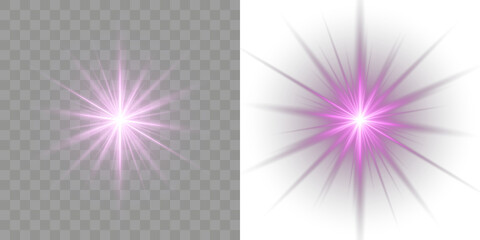Purple light spotlight abstract transparent glitter bright element black isolated starlight spot sun. Violet flash background with effect and pink. Purple pink with light png sparkle and burst. PNG. © Slava
