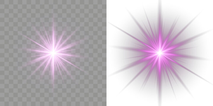 Purple light spotlight abstract transparent glitter bright element black isolated starlight spot sun. Violet flash background with effect and pink. Purple pink with light png sparkle and burst. PNG.