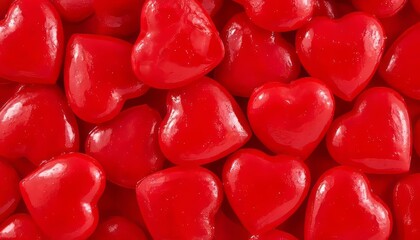 Red Glossy Heart Candies Background. Close-up of shiny red heart shaped candies forming a vibrant, seamless background. Perfect for Valentine&rsquo;s Day, love themes, sweetness, and celebration concepts.
