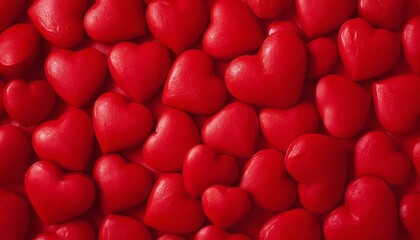 Red Glossy Heart Candies Background. Close-up of shiny red heart shaped candies forming a vibrant, seamless background. Perfect for Valentine&rsquo;s Day, love themes, sweetness, and celebration concepts.