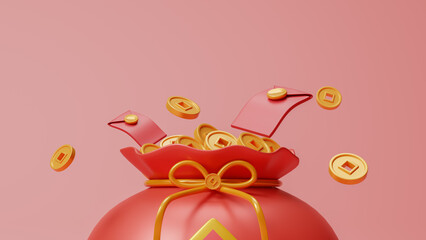 Red envelope with gifts and coin floating on background, Chinese Spring Festival celebrating Lunar New Year, Happy Chinese New Year. Asian festival for banner, poster, flyers, greeting card. 3d render