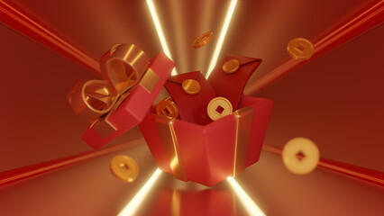 Red envelope with gifts and coin floating on background, Chinese Spring Festival celebrating Lunar New Year, Happy Chinese New Year. Asian festival for banner, poster, flyers, greeting card. 3d render