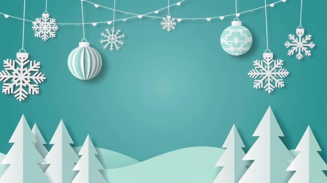 Layered paper cut winter scene with hanging snowflakes and Christmas ornaments.