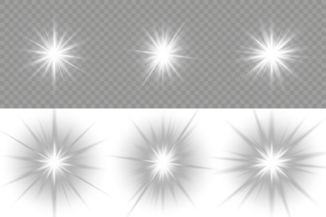 Realistic white camera lens flare with soft glow and starburst beams. PNG. Vector transparent sunlight special lens flare light effect. Realistic glowing white sunlight with radiant beam and sunrays.