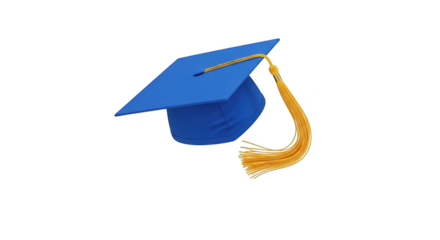 Blue graduation cap with yellow tassel on black background