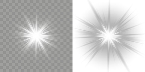 Realistic glowing white sunlight with radiant beam and sunrays. Realistic white camera lens flare with soft glow and starburst beams. Vector transparent sunlight special lens flare light effect. PNG.
