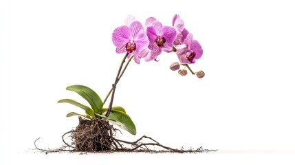 Photograph of an orchid with roots and leaves on a white background
