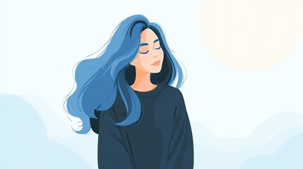 A woman with long blue hair is smiling, she has closed her eyes and the wind gently caresses her hair