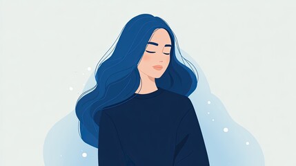 A woman with long blue hair is smiling, she has closed her eyes and the wind gently caresses her hair