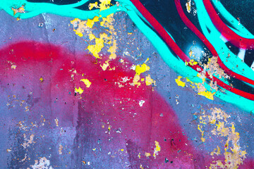 Abstract grunge wall texture with peeling paint in blue, red, yellow. Urban 90s, graffiti style, vibrant colors, rough surface. Background, texture, digital art, creative banner, web design.