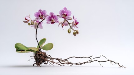 Photograph of an orchid with roots and leaves on a white background