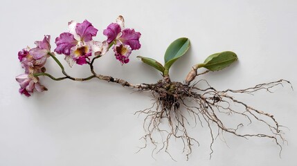 Photograph of an orchid with roots and leaves on a white background