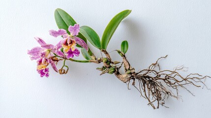 Photograph of an orchid with roots and leaves on a white background