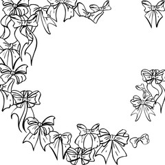 Classic bow shapes with vintage knots and tails outlining flowing wavy border. Hand drawn vector illustration in pen and ink. Romantic card layout, love frame, decorative holiday stationery.