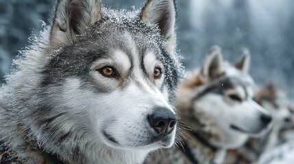 Obraz premium Majestic Alaskan Dogs in Harnesses Ready for Sledding Adventure in Winter Landscape