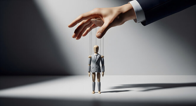 Surreal business concept showing a giant hand controlling a small man like a puppet, symbolizing micromanagement, power imbalance, manipulation, and loss of autonomy.
