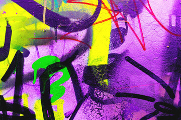 Abstract graffiti art with bright yellow, purple, green colors, neon glow, cracked texture. 90s, fluorescent style, street art vibe. Posters, flyers, digital art, creative banner.