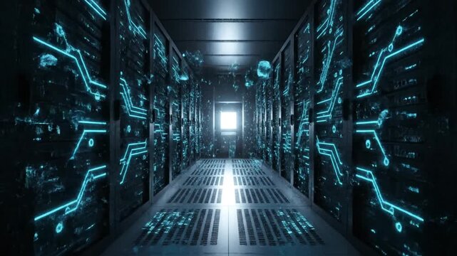 Cinematic forward shot through a futuristic server corridor as glowing cyan circuits activate and data comes alive