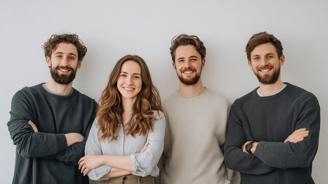 smiling young professional team portrait, confident startup team on white background, modern business team standing together

