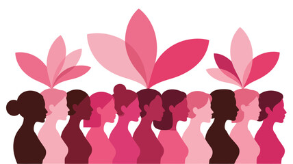 A diverse line of female silhouettes in pink hues with symbolic leaves symbolizing growth and empowerment