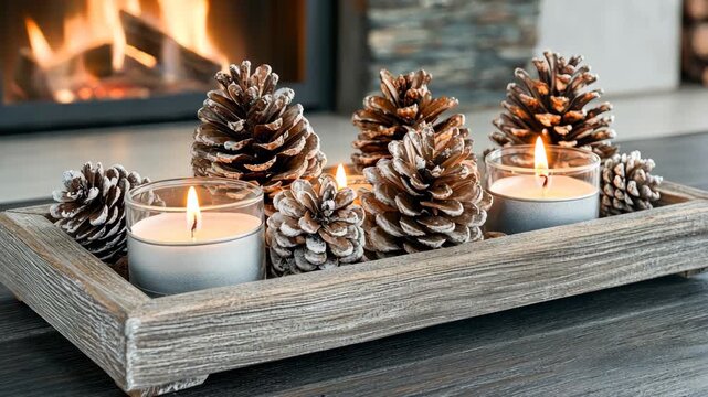 Enjoy a charming display of pinecones and candles arranged beautifully in a cozy home during winter evenings