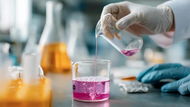 Low VOC coating being mixed in a laboratory emphasizing airfriendly and nontoxic formulas aimed at reducing indoor pollution in clean surroundings.