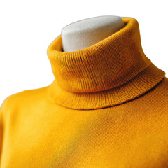 Bright yellow turtleneck sweater on a mannequin, close-up view