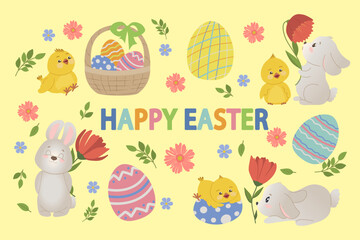 Easter Celebration Vector with Cute Bunnies and Chicks