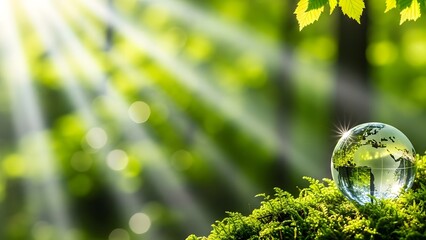 A vibrant, sun-drenched globe resting on lush moss, symbolizing environmental preservation and the interconnectedness of nature