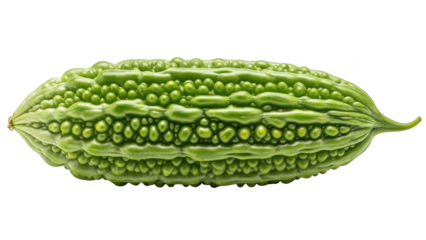 Green bitter melon vegetable with bumpy texture on black background