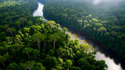 realistic digital render of a dense forest wilderness with rich plant life and a long river flowing through the heart of nature