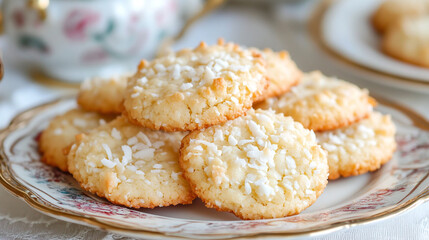 Traditional Italian coconut cookies arranged in a vertical composition, golden baked texture and rustic presentation, evoking homemade dessert traditions, warmth, simplicity, and Mediterranean baking 