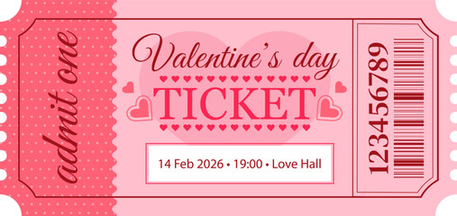 Vector ticket template in pink romantic style for Valentine's Day event or party.
