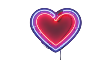 Neon heart sign with red and blue lights on black background