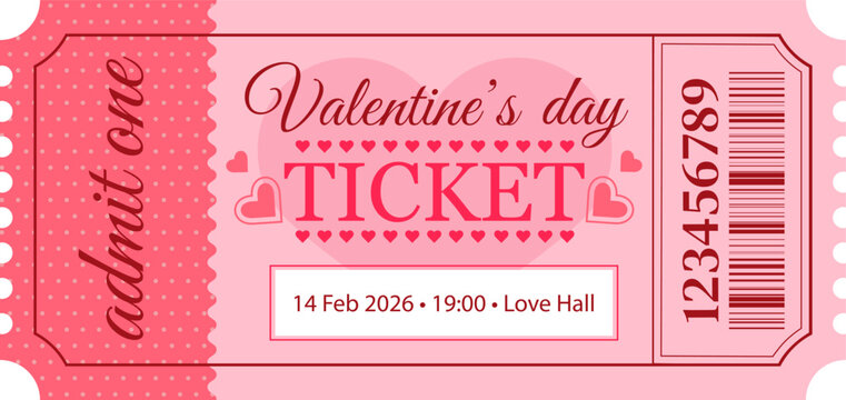 Vector ticket template in pink romantic style for Valentine's Day event or party.
