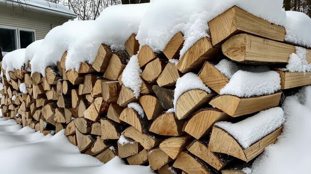 Logs are neatly stacked and blanketed with snow, forming a peaceful winter landscape that highlights their natural beauty and texture