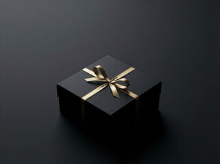 Luxury black gift box with gold ribbon on dark background, elegant presentation