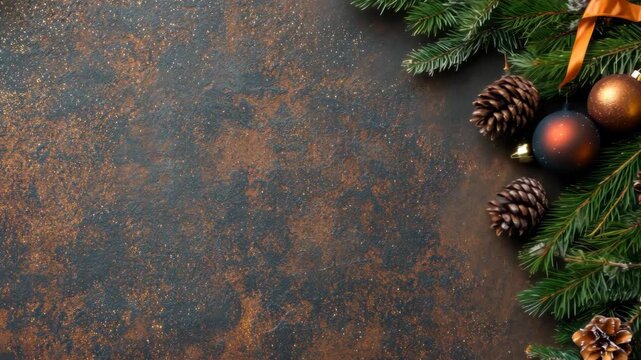 Beautifully arranged festive decorations with pine cones and bright ornaments on a rustic surface create a joyful holiday atmosphere
