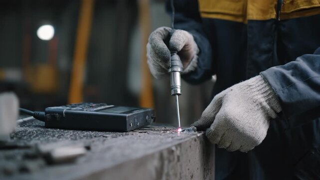 Medium shot capturing a casting specialist using ultrasonic testing equipment to reveal hidden cracks beneath the metal surface.