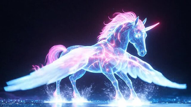 A vibrant digital animation of a winged horse resembling Pegasus, rendered in glowing blue and pink hues. The creature appears ethereal and cosmic, with star-like patterns across its body and extended