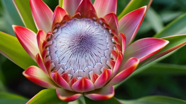 Closeup Of Bright Protea Blossom, Cinematic Sequence Highlighting Intricate Features Of Protea Bloom