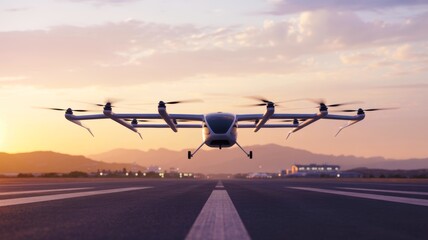 Fototapeta premium A futuristic drone takes flight at sunset, showcasing advanced aerial technology in a serene airport setting.