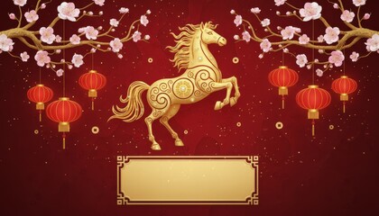 Chinese New Year Banner with Golden Horse and Plum Blossom
