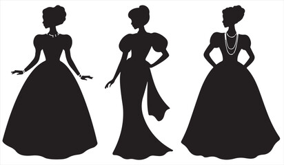 Vector illustration of graceful women in formal ballgowns and evening wear silhouettes